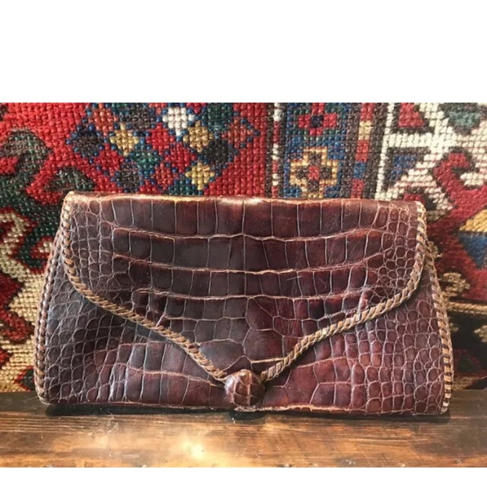 Antique Vintage Chocolate Brown Crocodile Alligator Clutch Purse